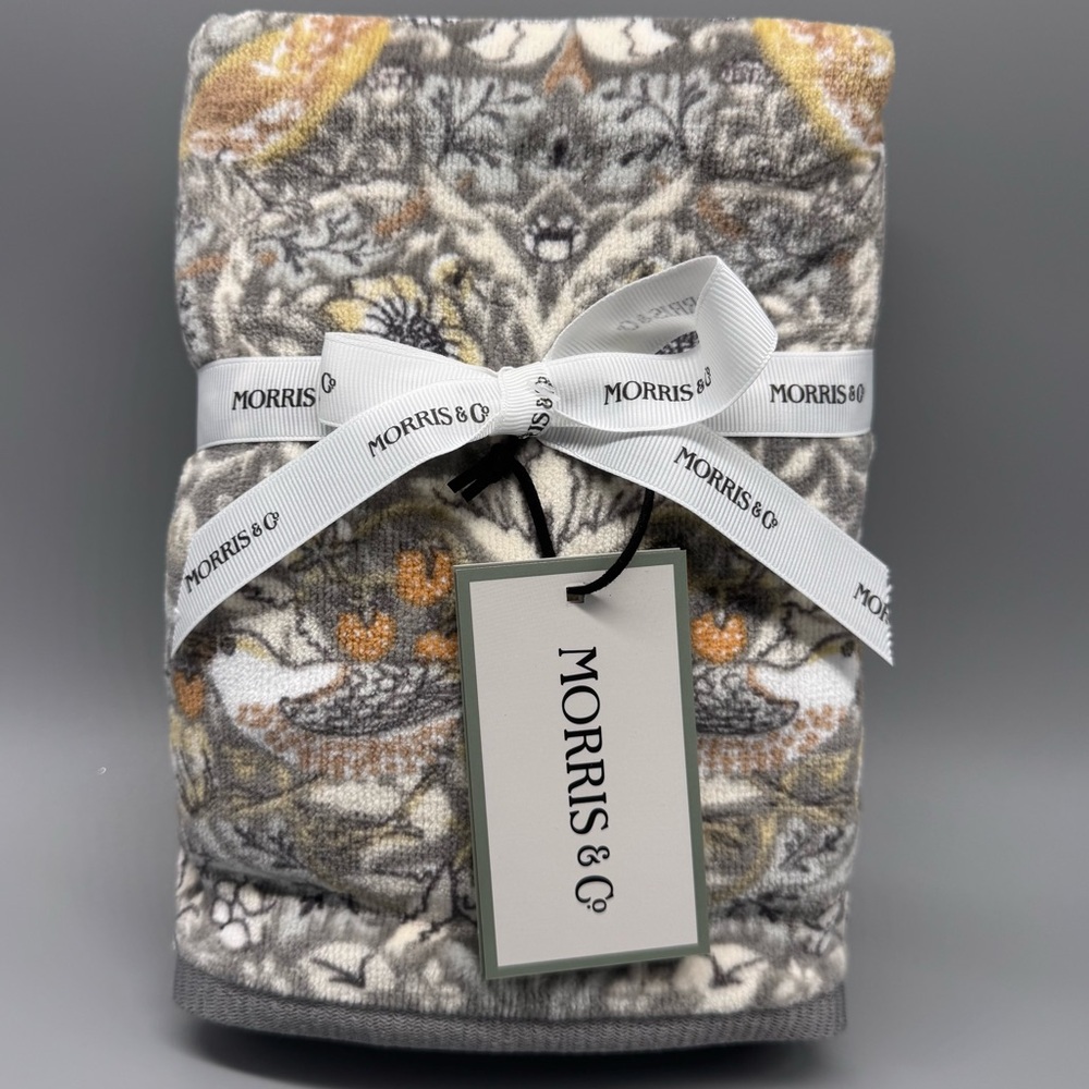 x2 William Morris Strawberry Thief Bird Velour Hand Towel Set Gray Bedlinen Clay